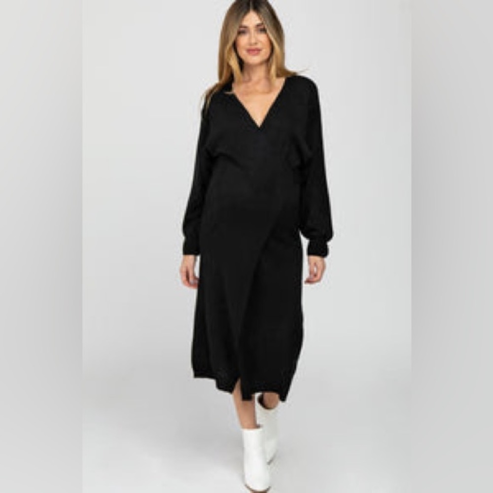 Mable Black V-Neck Long Sleeve Maternity Midi Wrap Dress S/M